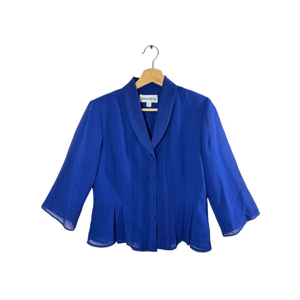 Danny & Nicole Royal Blue Long Sleeve Suit Jacket Size 8P Pleated Collared